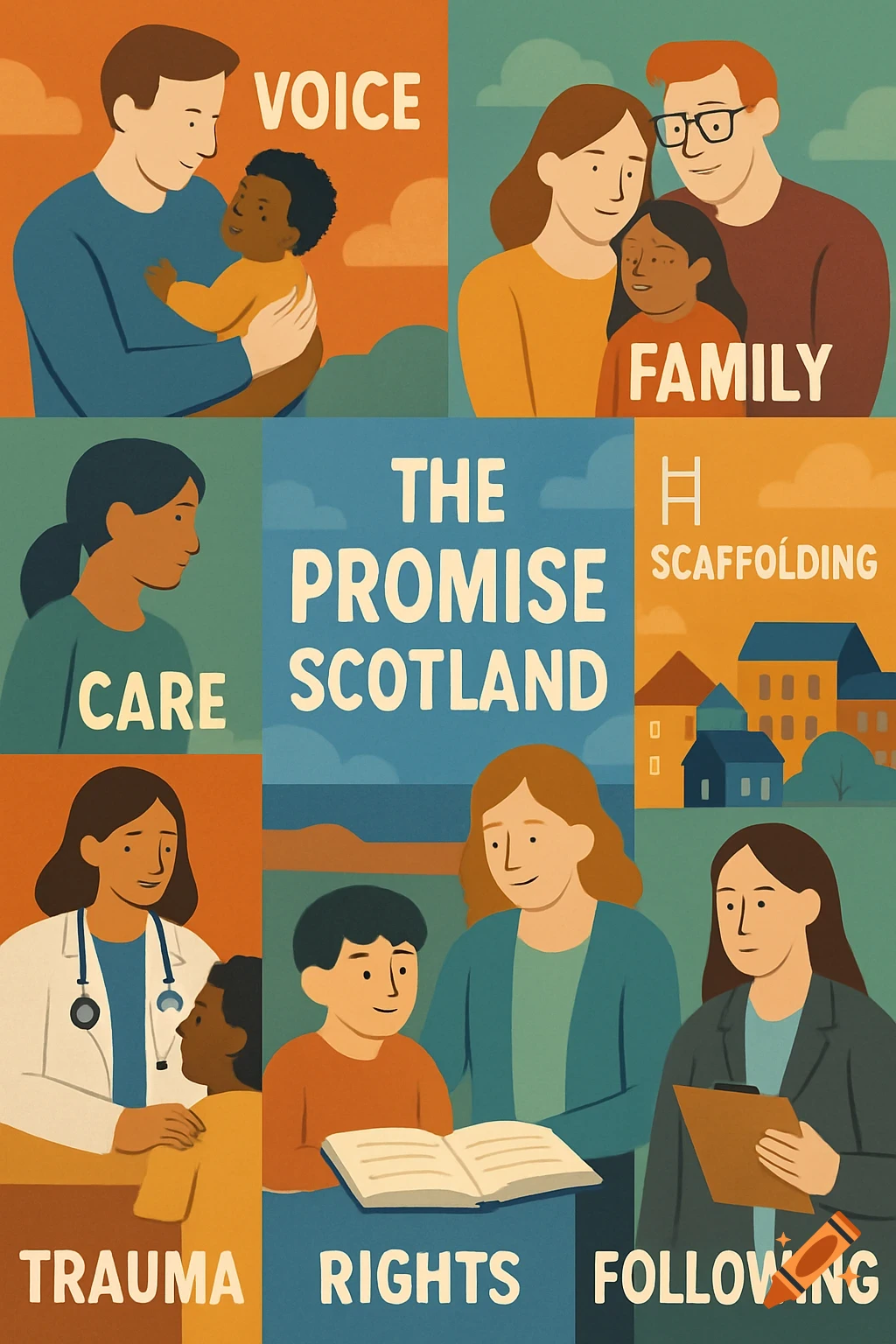Illustration collage showing diverse people and families with text labels like Voice, Family, Care, and The Promise Scotland.