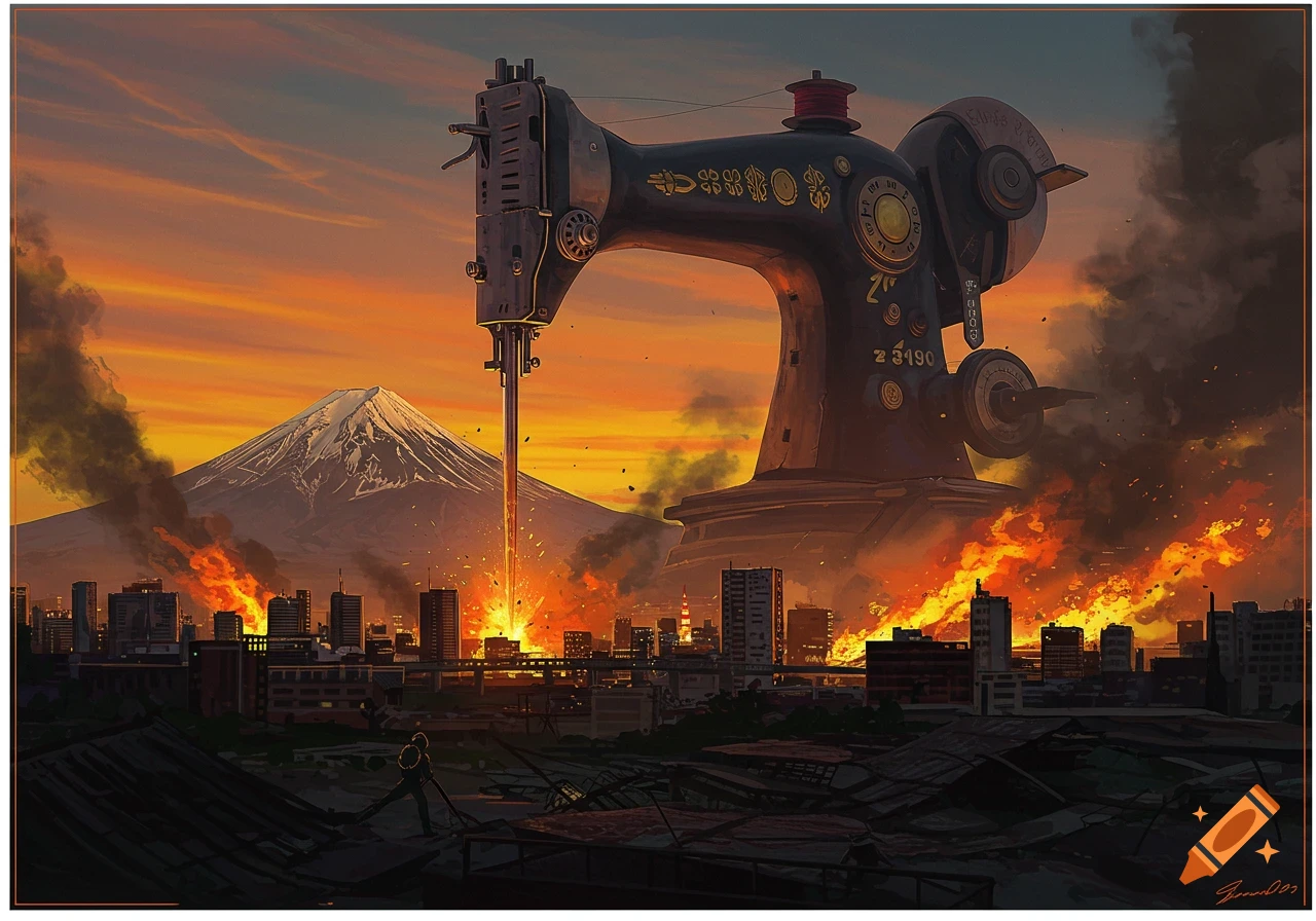 A giant sewing machine stands over a burning city at sunset, with Mt. Fuji in the background, in a dark sci-fi style.