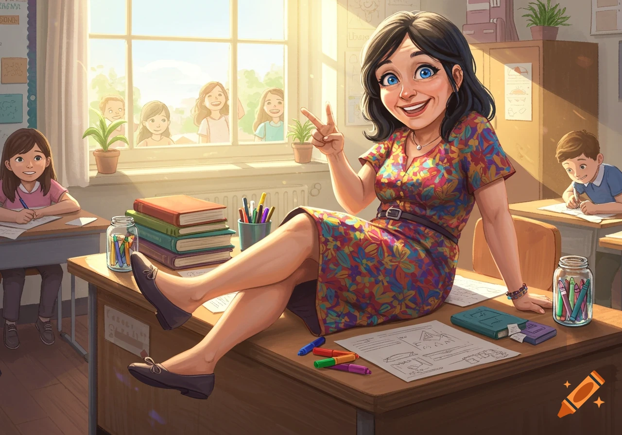 An illustration of a teacher sitting on a desk in a classroom with students.