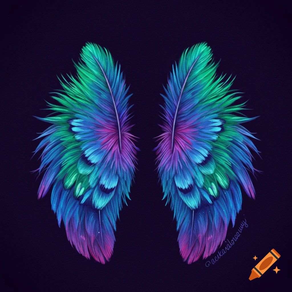 Illustration of colorful blue, green, and purple feathers on a dark background.