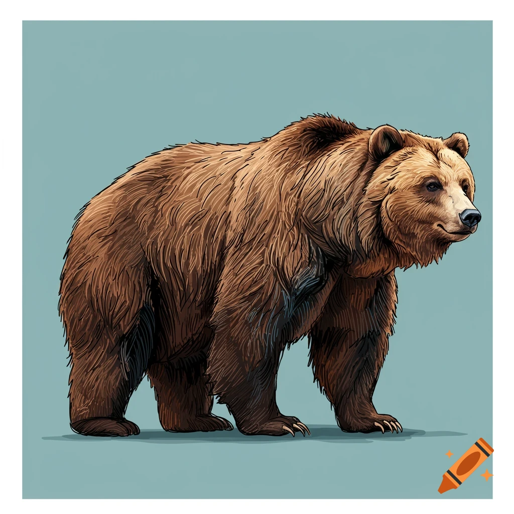 An illustration of a brown bear standing against a blue background.
