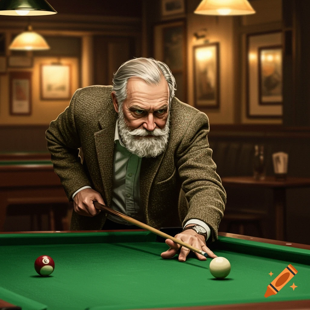 An older man with a white beard playing pool in a dimly lit bar.