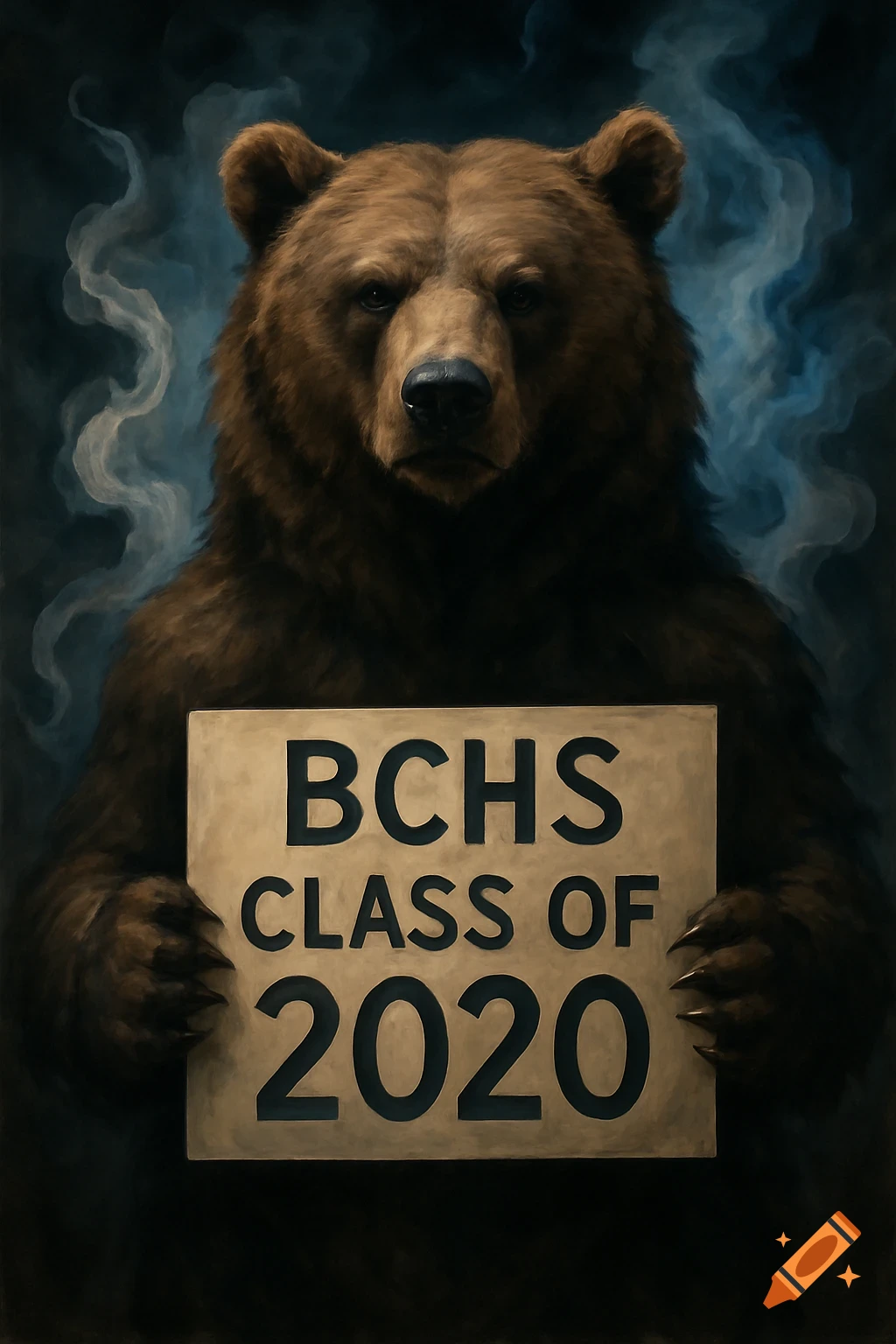 A brown bear holds a sign that reads 'BCHS CLASS OF 2020' against a dark background with blue smoke.