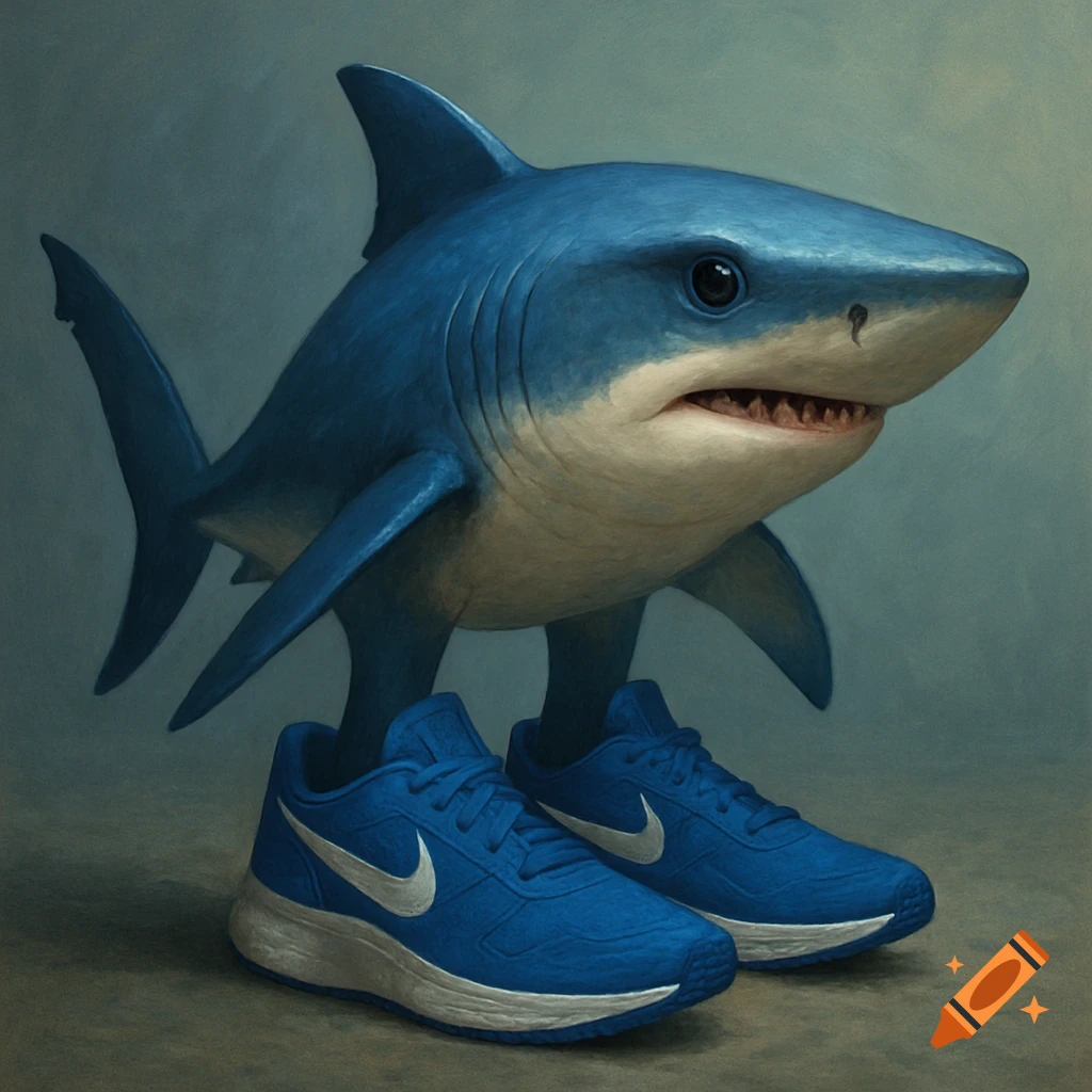 A blue shark stands wearing blue Nike running shoes in a painted style.