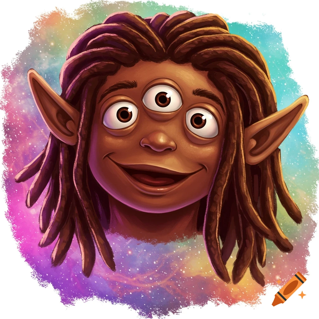 Cartoon alien head with three eyes, pointed ears, and dreadlocks against a colorful space background.