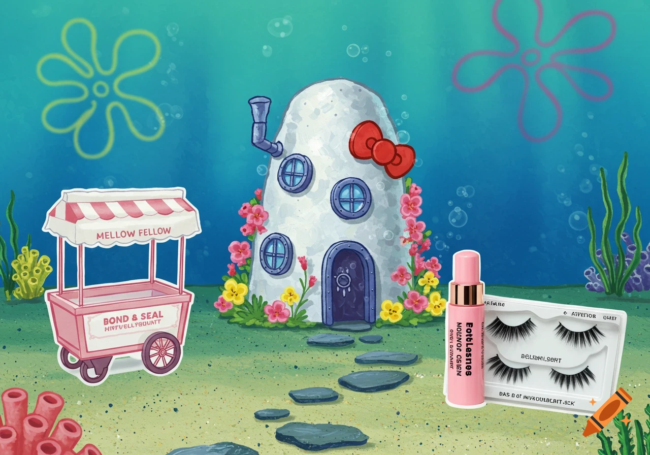 A pink cart and cosmetic items near a Hello Kitty house underwater in the style of SpongeBob SquarePants.