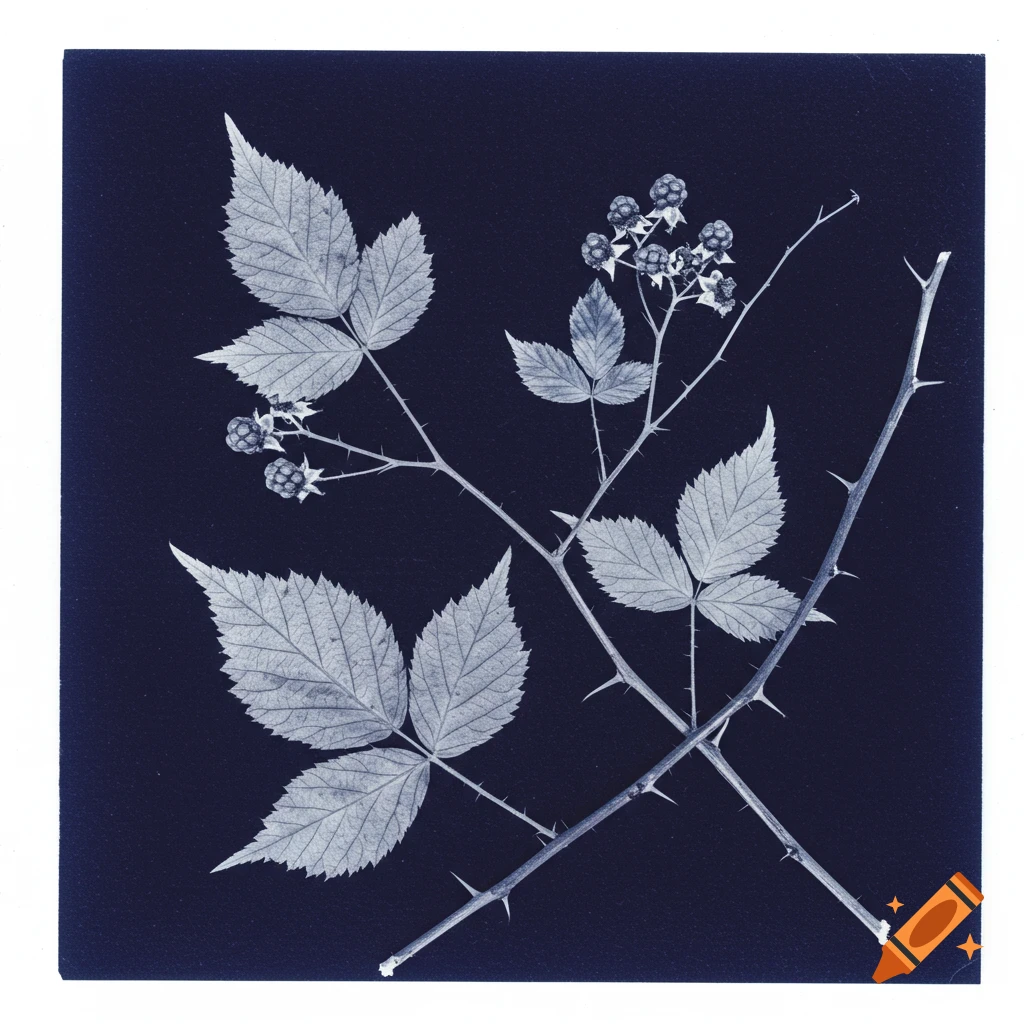 Cyanotype photogram of blackberry leaves, branches, and berries against a dark background.