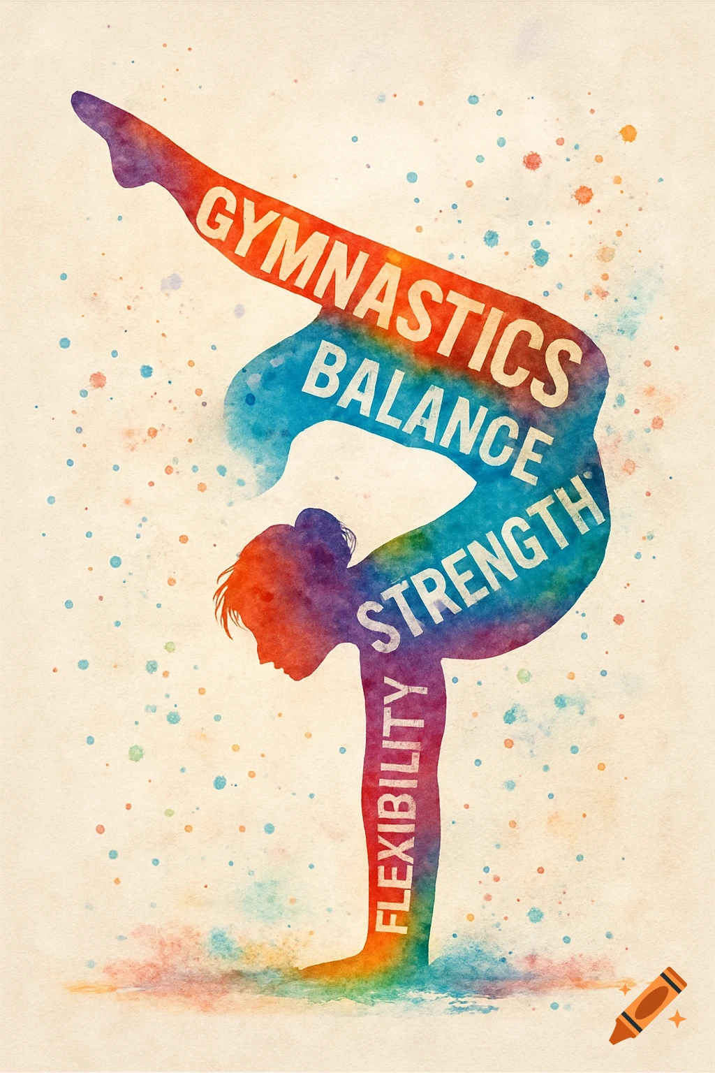Watercolor silhouette of a gymnast with words like Gymnastics, Balance, Strength, and Flexibility inside.