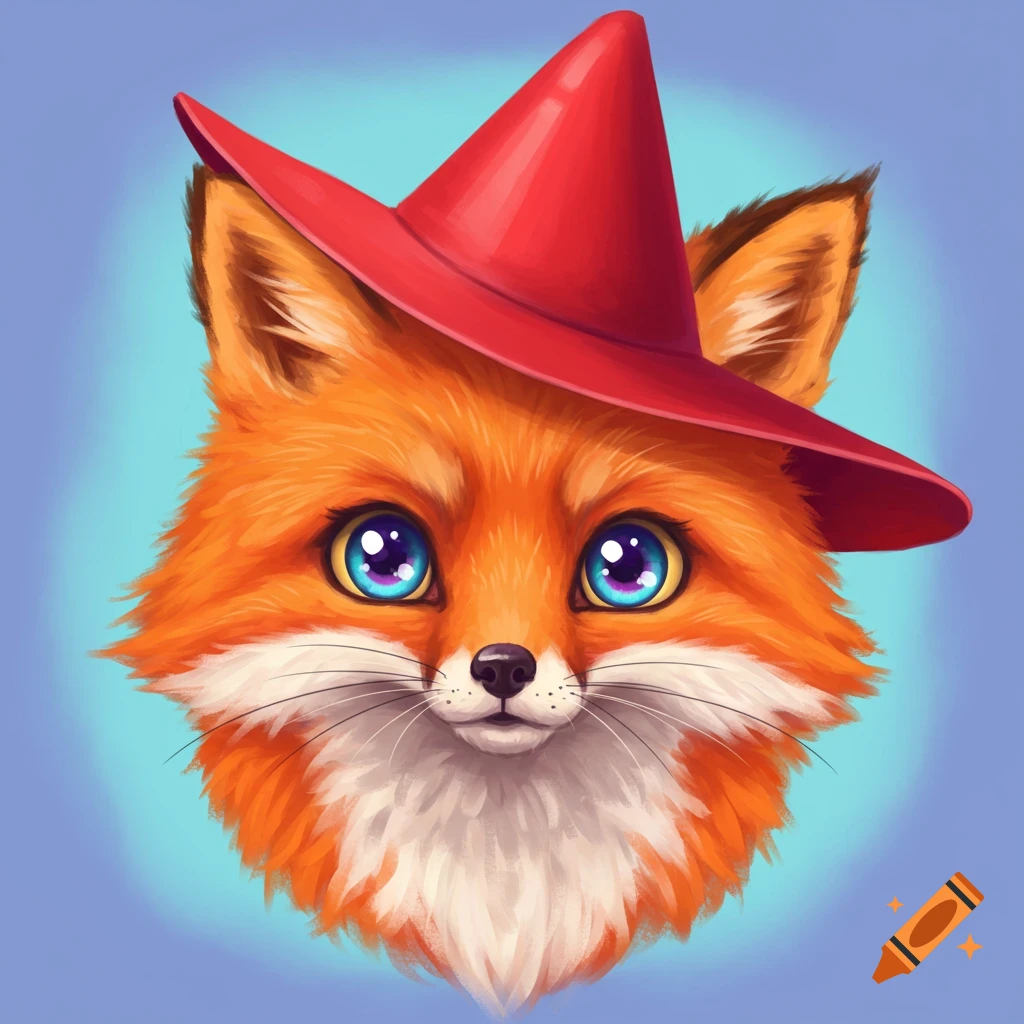 Cute cartoon fox head wearing a red cone hat, with large blue eyes, against a gradient background.