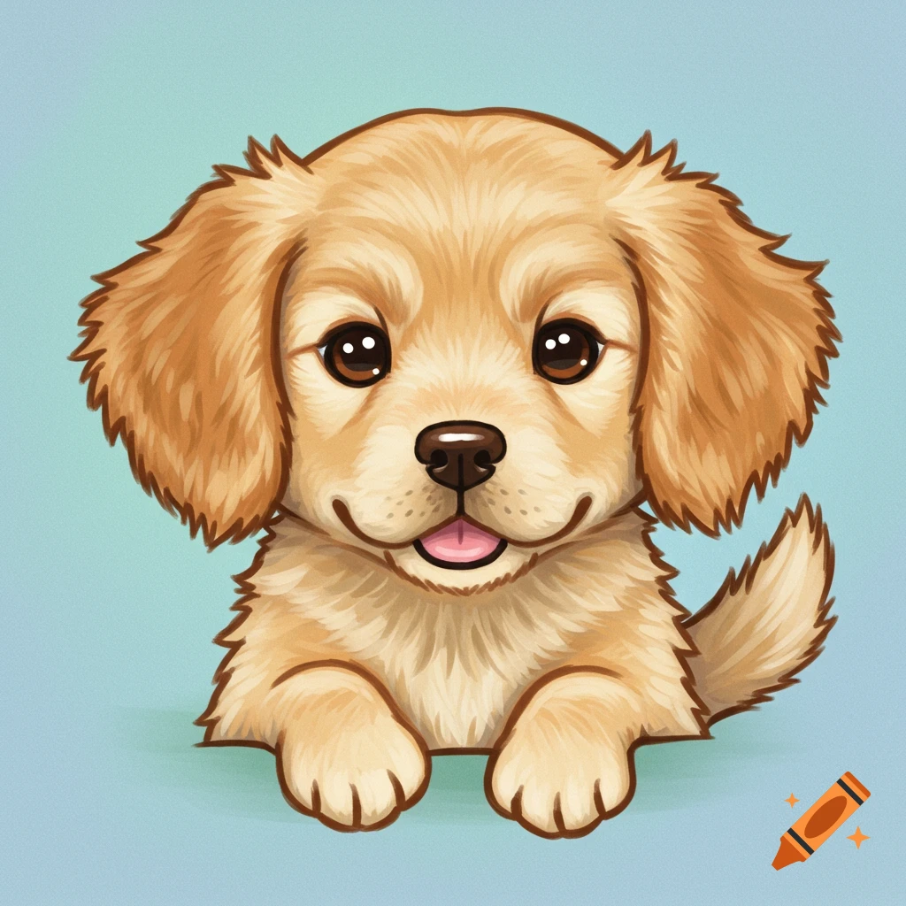 Cute cartoon golden retriever puppy looking forward on a blue background