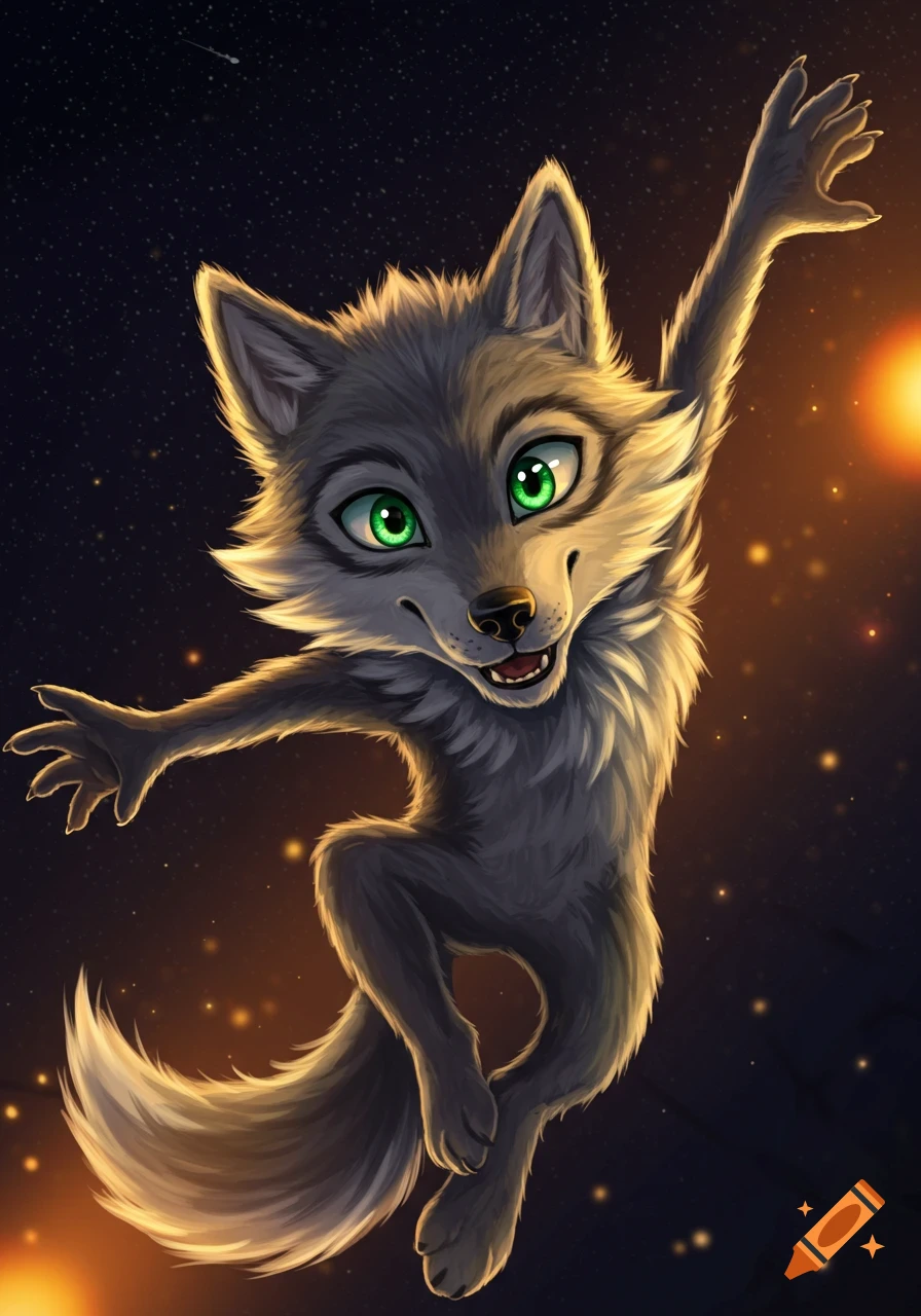A cute cartoon wolf cub jumps against a starry space background.