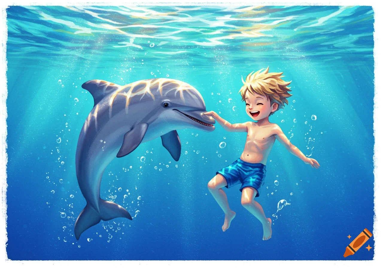 A boy smiles underwater, touching a dolphin's nose in an illustration.