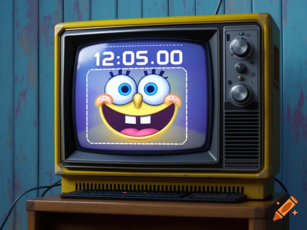 SpongeBob's face is shown on a retro TV screen displaying the time 12:05:00.