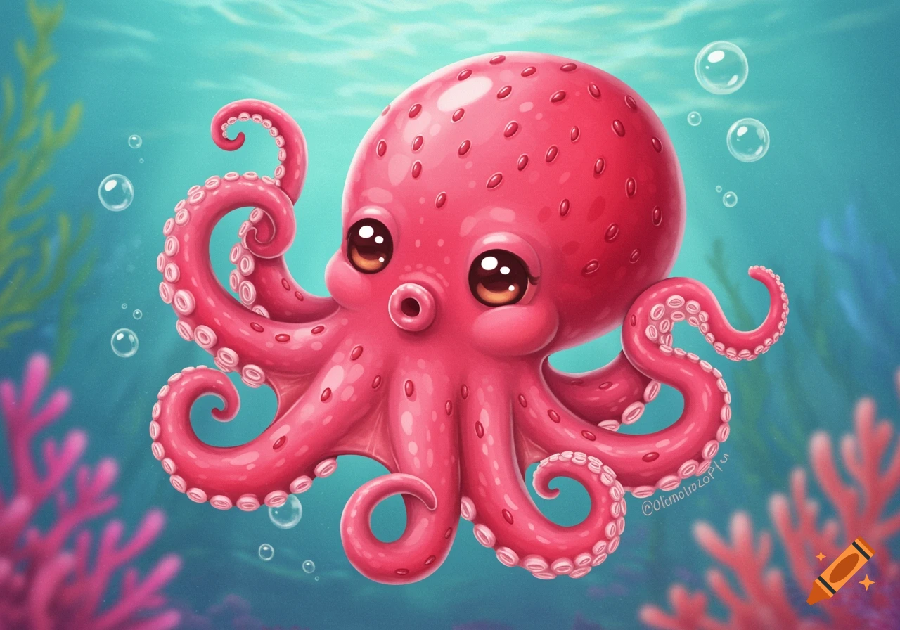 Cute pink cartoon octopus with big eyes swims underwater among coral and seaweed.