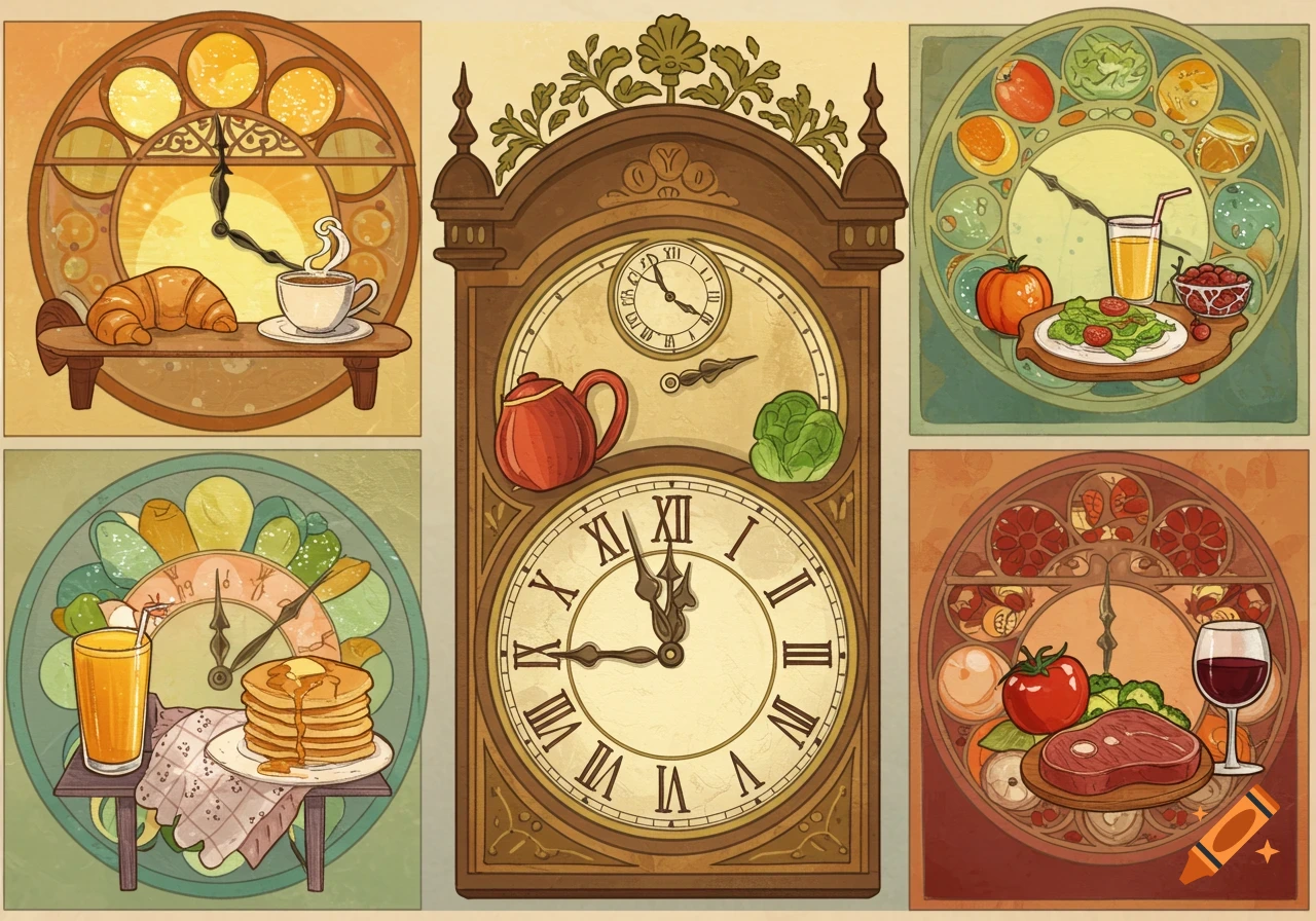 Illustrative collage of a grandfather clock and four panels showing clock faces integrated with food representing different meal times.