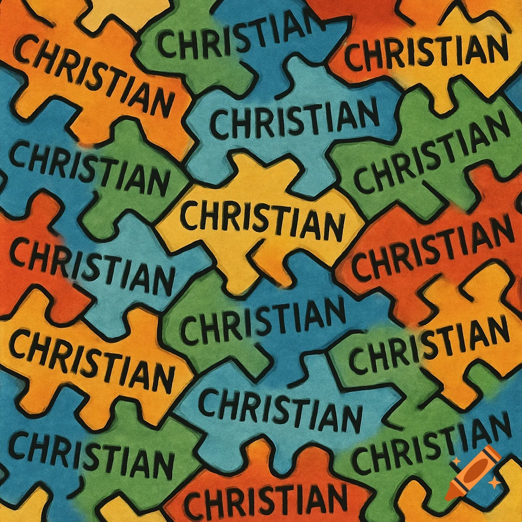 Colorful pattern of puzzle pieces, each saying 'CHRISTIAN'.