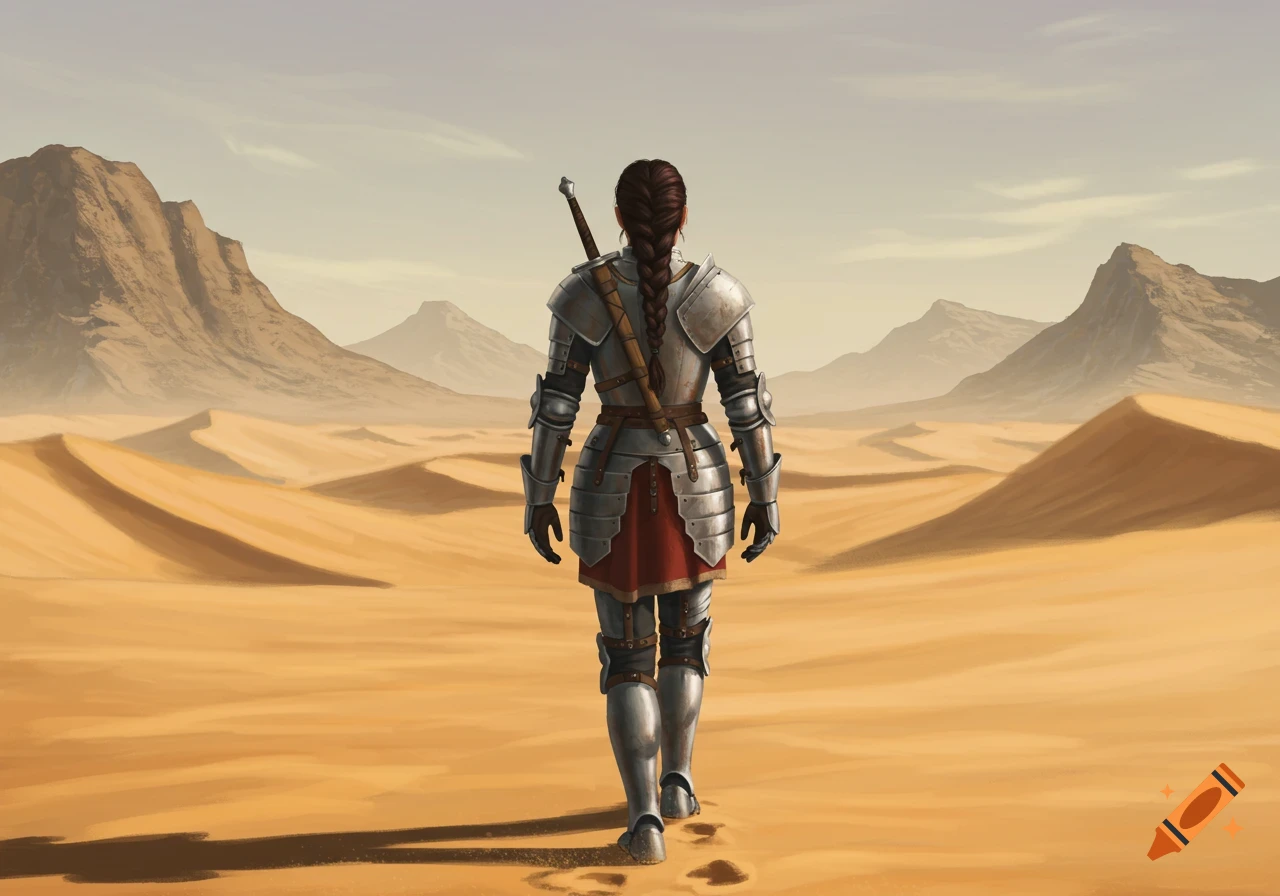 Female knight in full armor walks through a vast desert landscape.