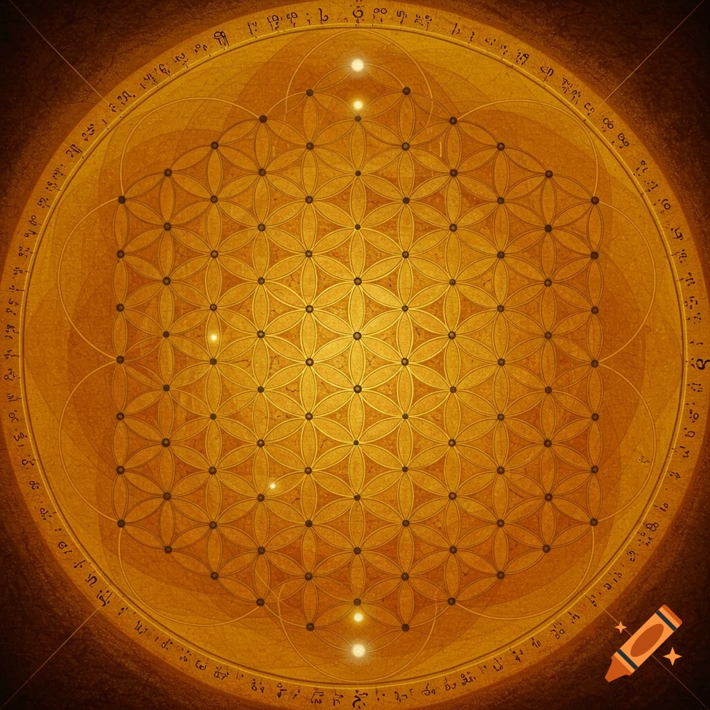 Golden circular geometric pattern resembling the Flower of Life with symbols around the edge.