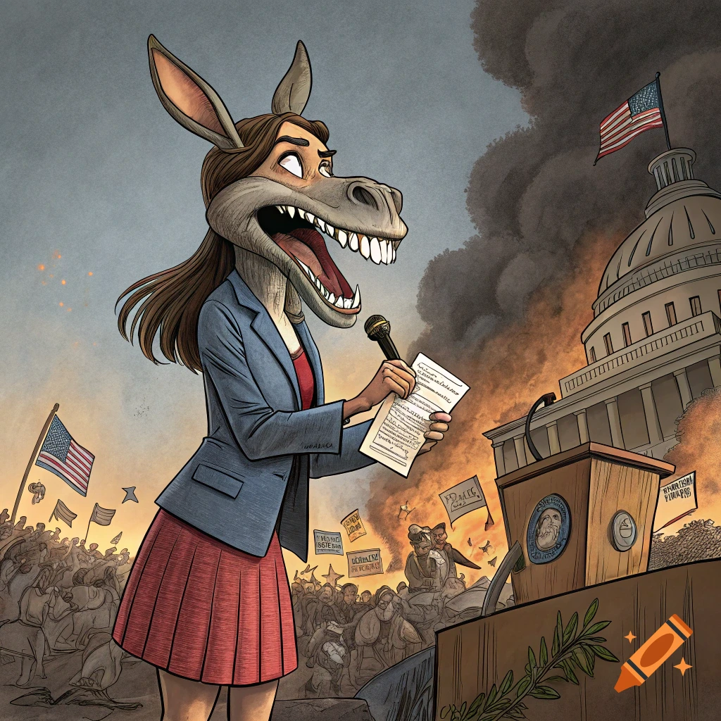 Political cartoon of a woman with a donkey head and large teeth, speaking into a microphone in front of the US Capitol building, a crowd, and flags.