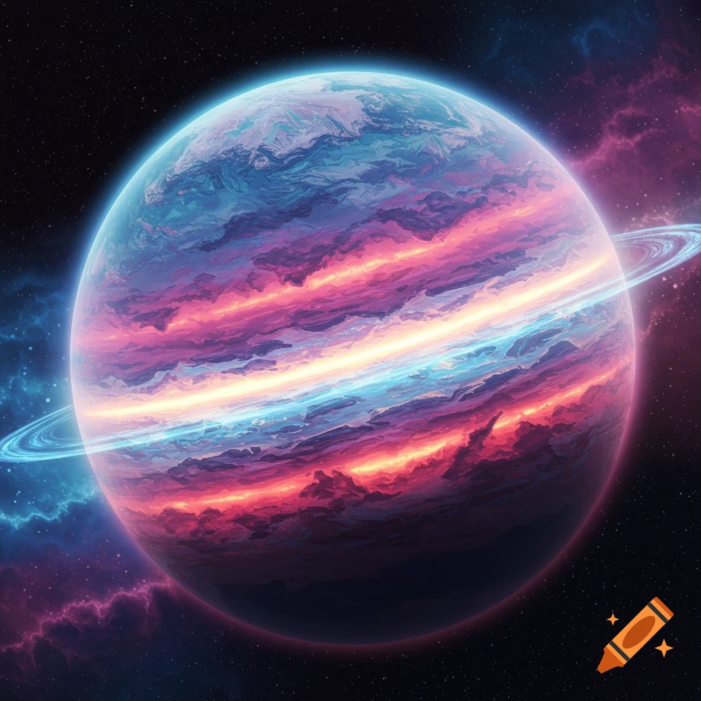 A vibrant, stylized planet with layered atmosphere and rings in space.