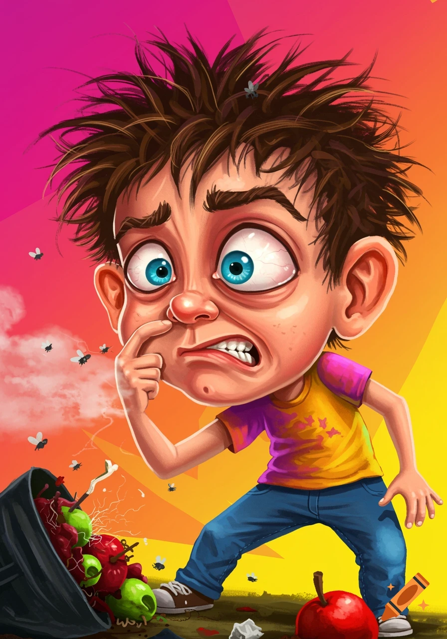 Cartoon illustration of a boy pinching his nose in disgust near a messy garbage can with flies.