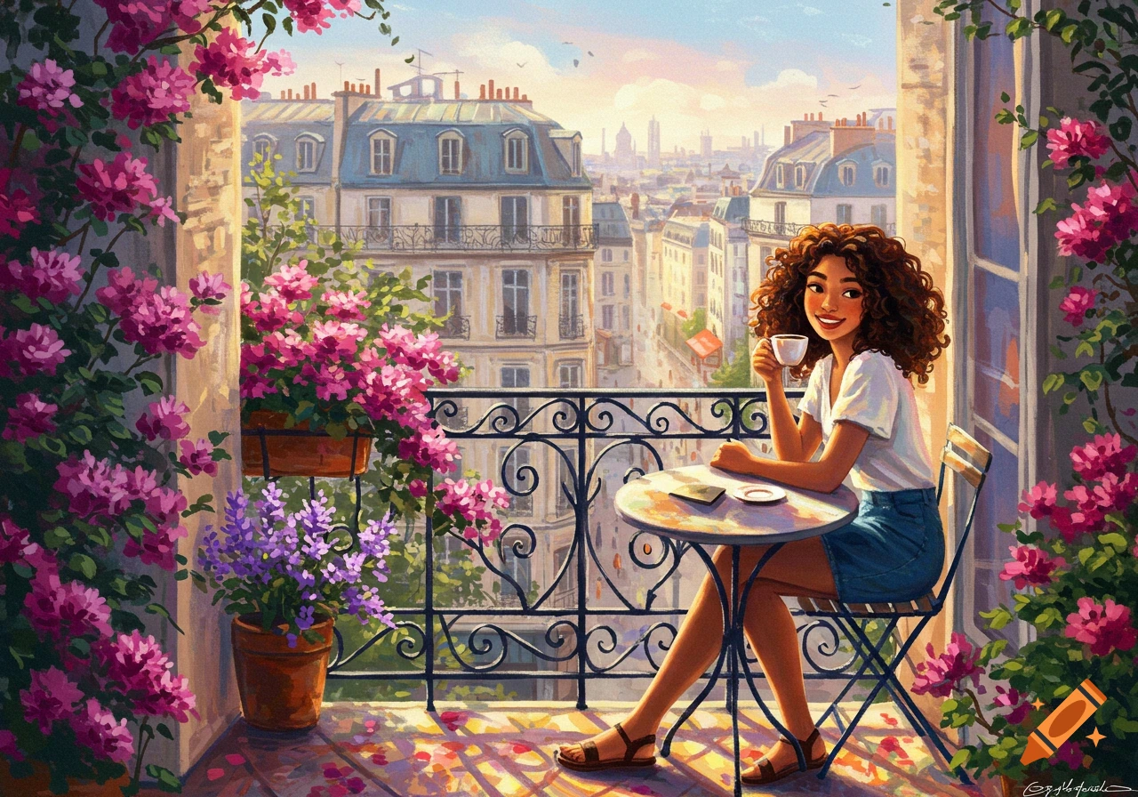 Painting of person drinking coffee on Parisian balcony with flowers and city view.