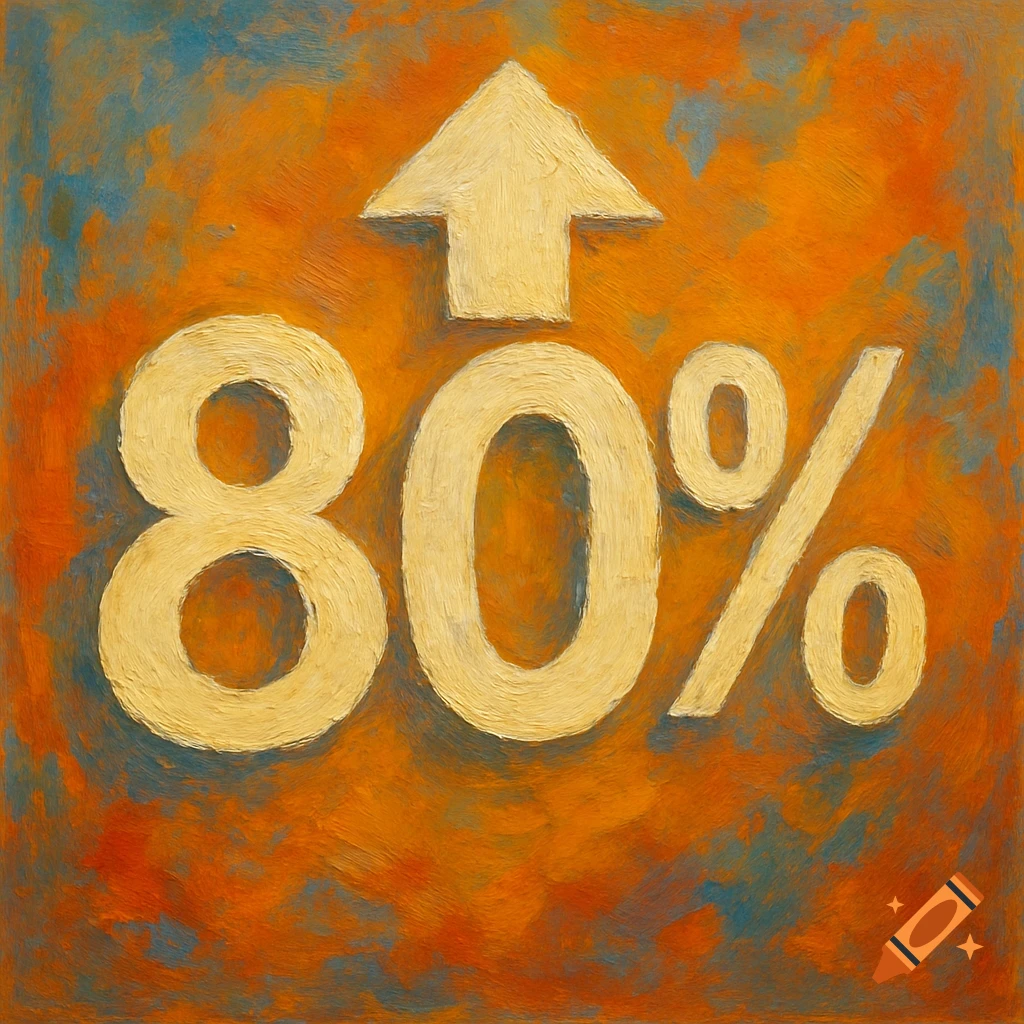 The numbers 80% with an upward arrow, rendered in a painterly, textured style on an orange and blue background.