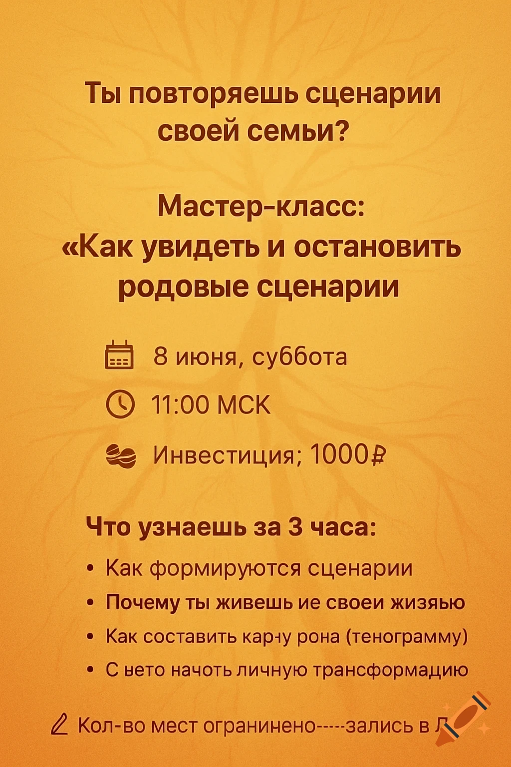 Poster for a psychology workshop on family patterns with date, time, and topic details.