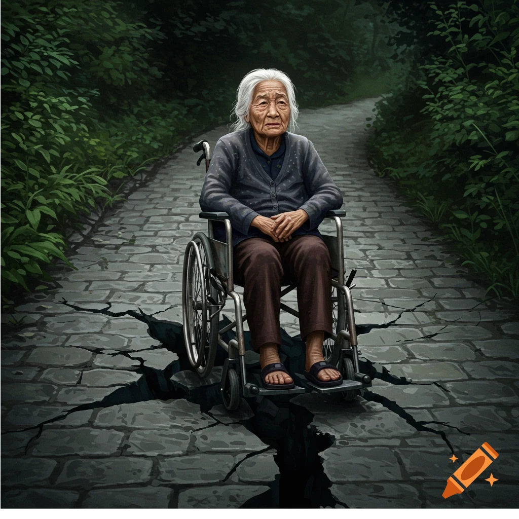 Elderly person in wheelchair stuck in a cracked stone path with forest background
