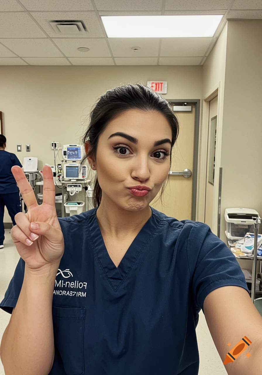 Nurse in blue scrubs taking a selfie in a hospital hallway, making a duck face and peace sign.