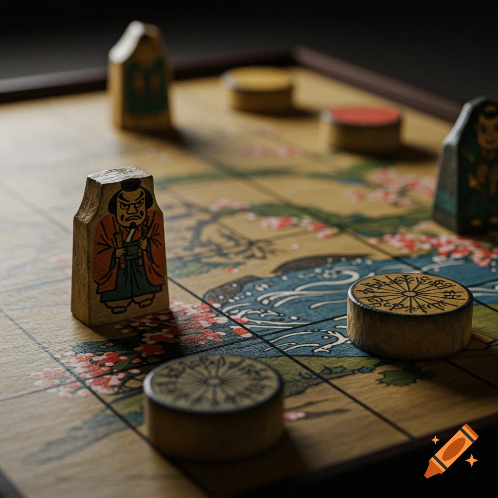 Closeup of a Japanese board game with character pieces and symbolic markers on a board with woodblock print art.