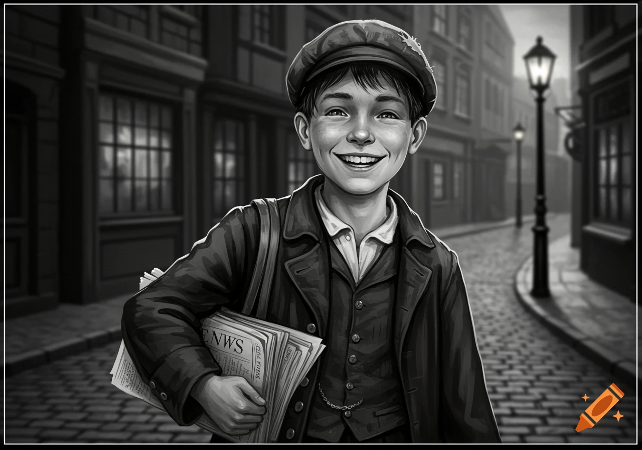 Smiling newsboy holds newspapers on a Victorian street, black and white illustration.