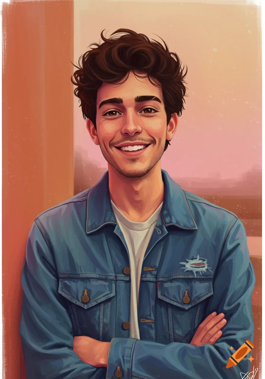 A stylized portrait of a smiling man with curly brown hair wearing a denim jacket.