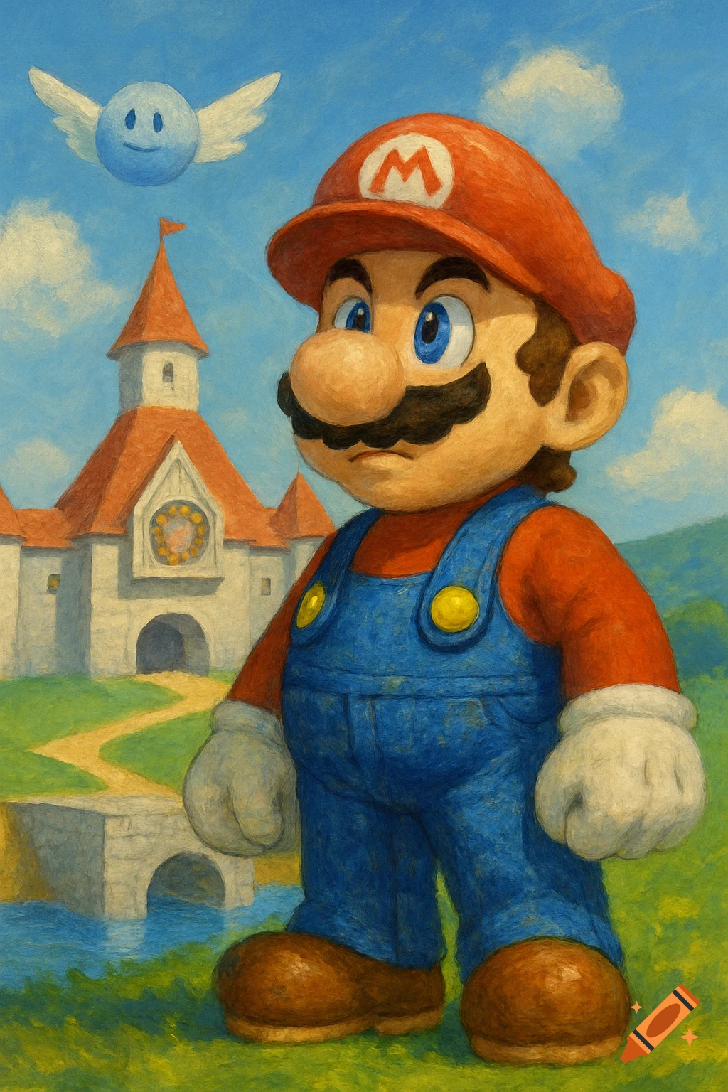 Mario standing in front of Princess Peach's castle with a winged item overhead, painted style.