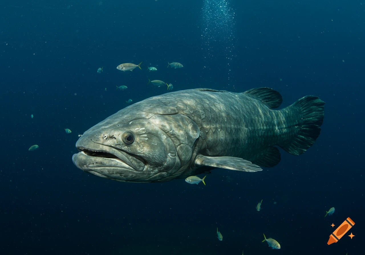 A large fish swims in deep blue water surrounded by smaller fish.