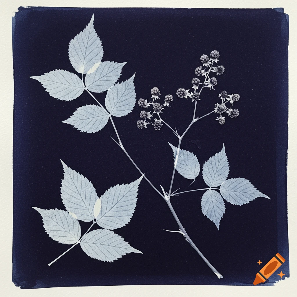 Cyanotype print of blackberry leaves and branches against a dark blue background