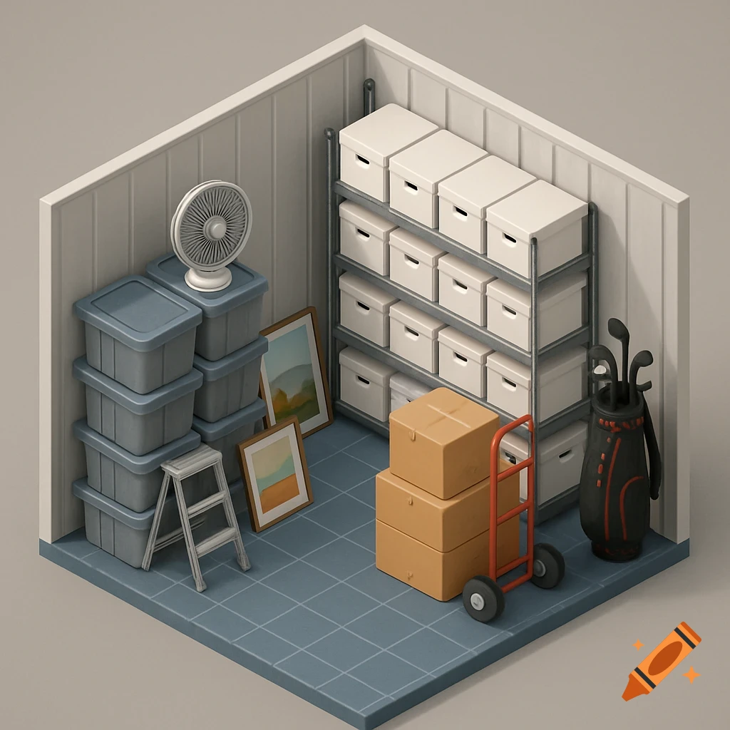 An isometric illustration of a self-storage unit filled with boxes, bins, shelves, and other items.