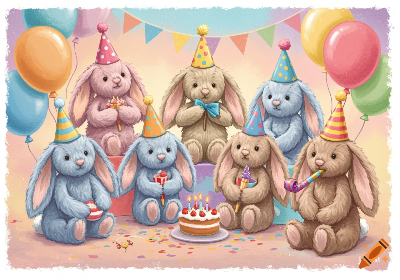 Multiple plush bunnies wearing party hats celebrate with cake, balloons, and confetti in a watercolor style.