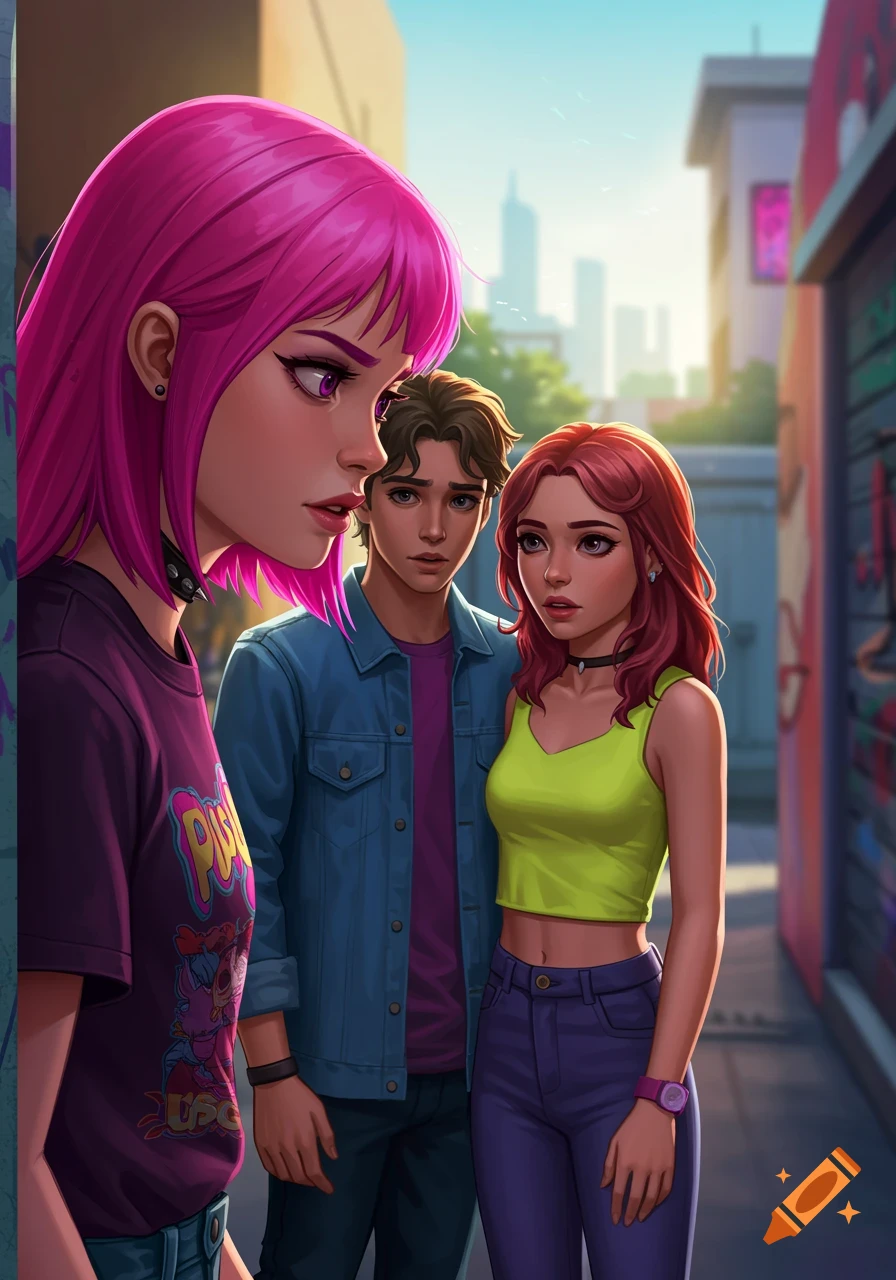 Three teenagers in a stylized urban scene. Girl with pink hair looks at a boy and a girl with red hair.
