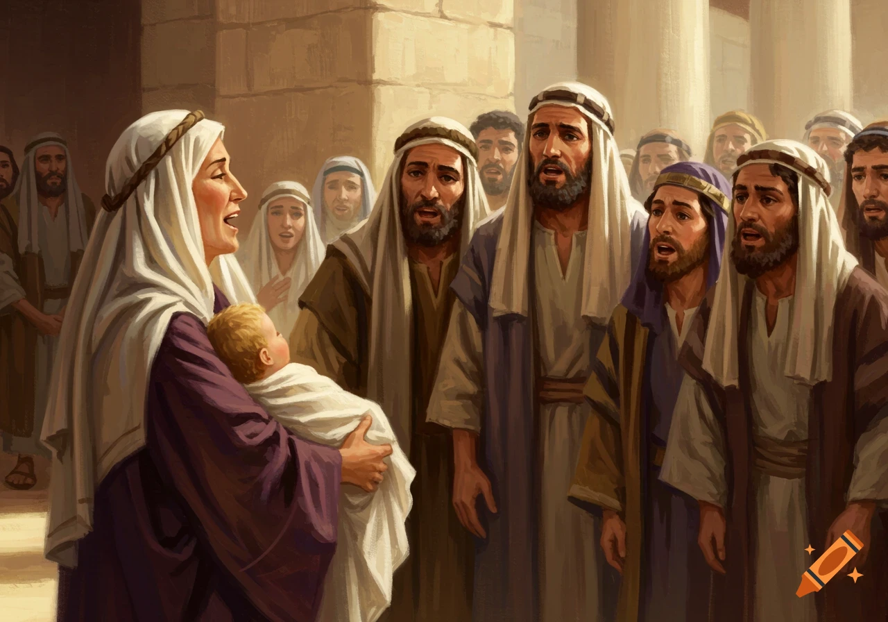 Painterly illustration of a woman holding a baby, surrounded by men in ancient robes in a temple.
