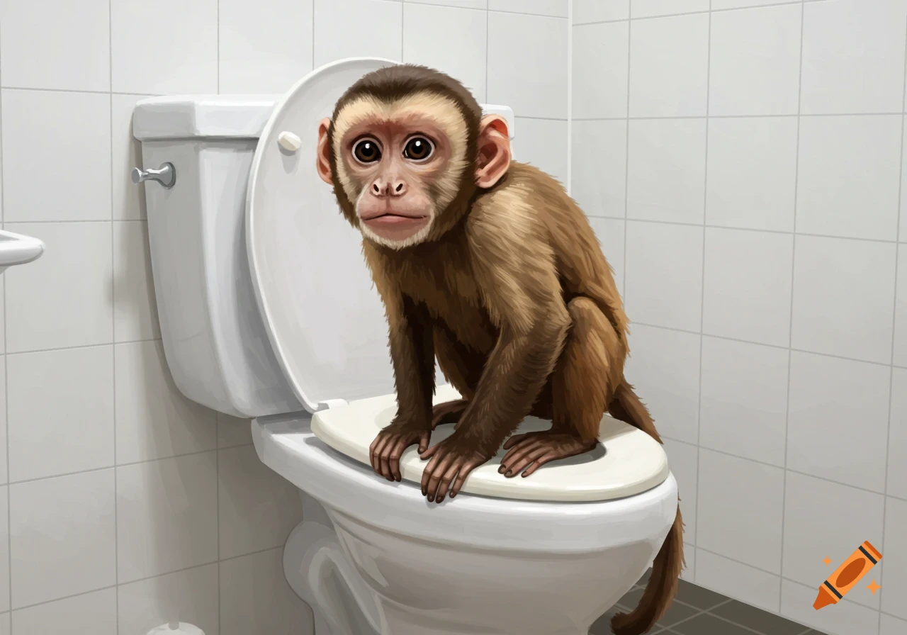 A monkey sits on a toilet in a bathroom.
