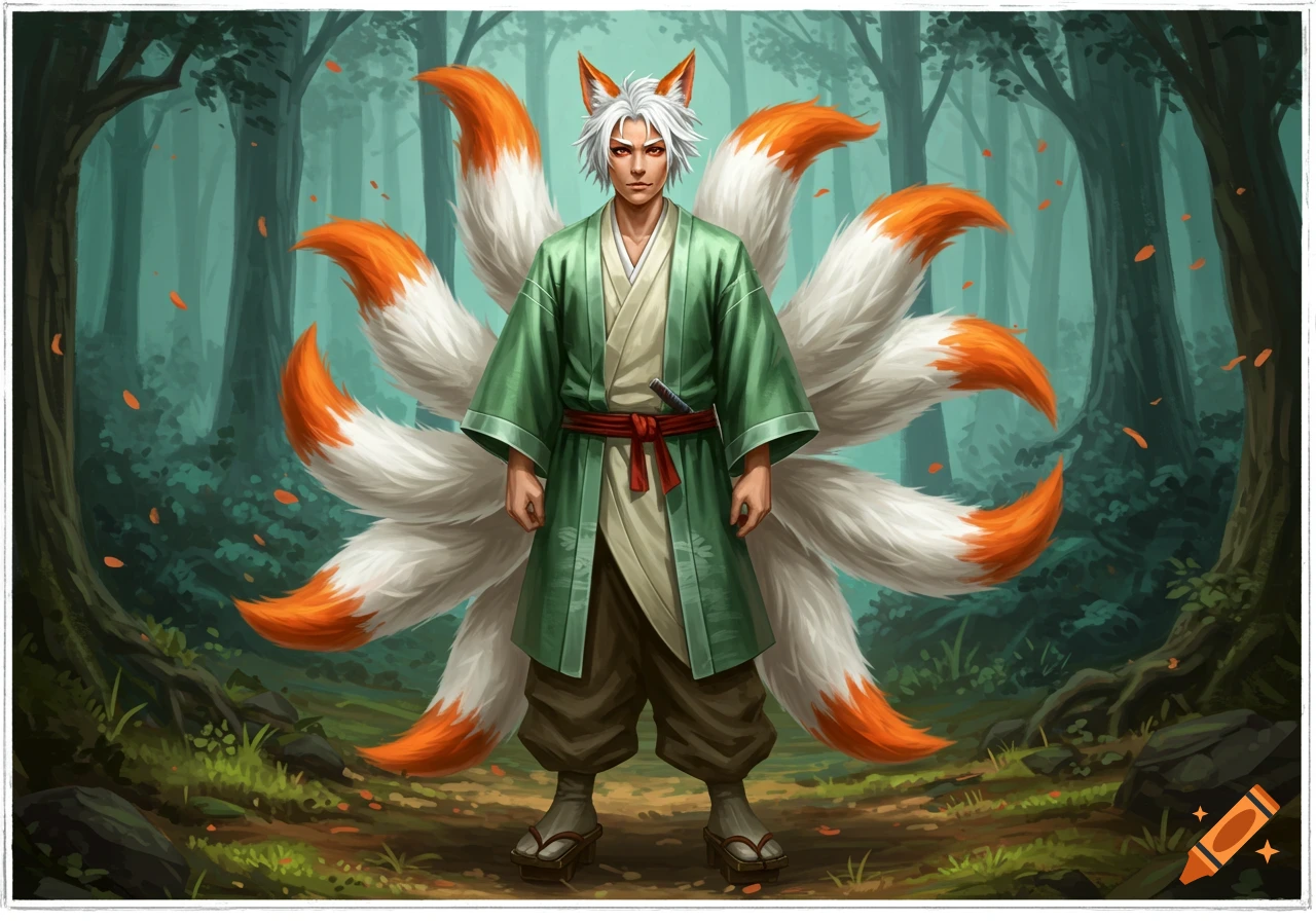 Fantasy illustration of a kitsune man with white hair, orange eyes, nine white and orange tails, wearing a green kimono in a forest.