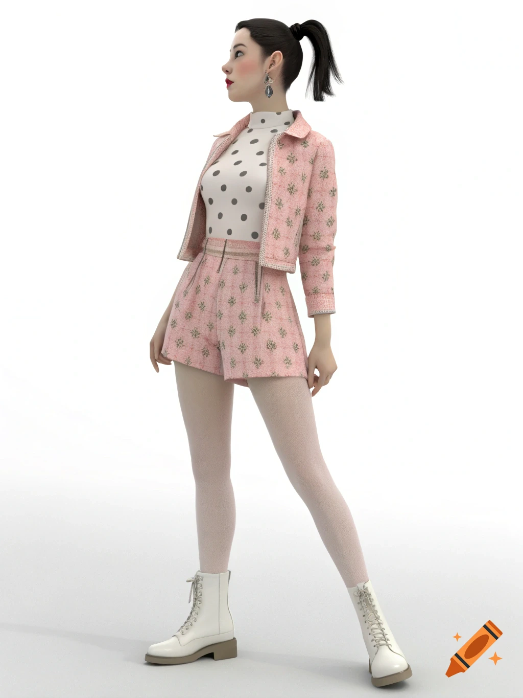 A female mannequin in a pink polka dot top, floral shorts, and jacket with white boots.
