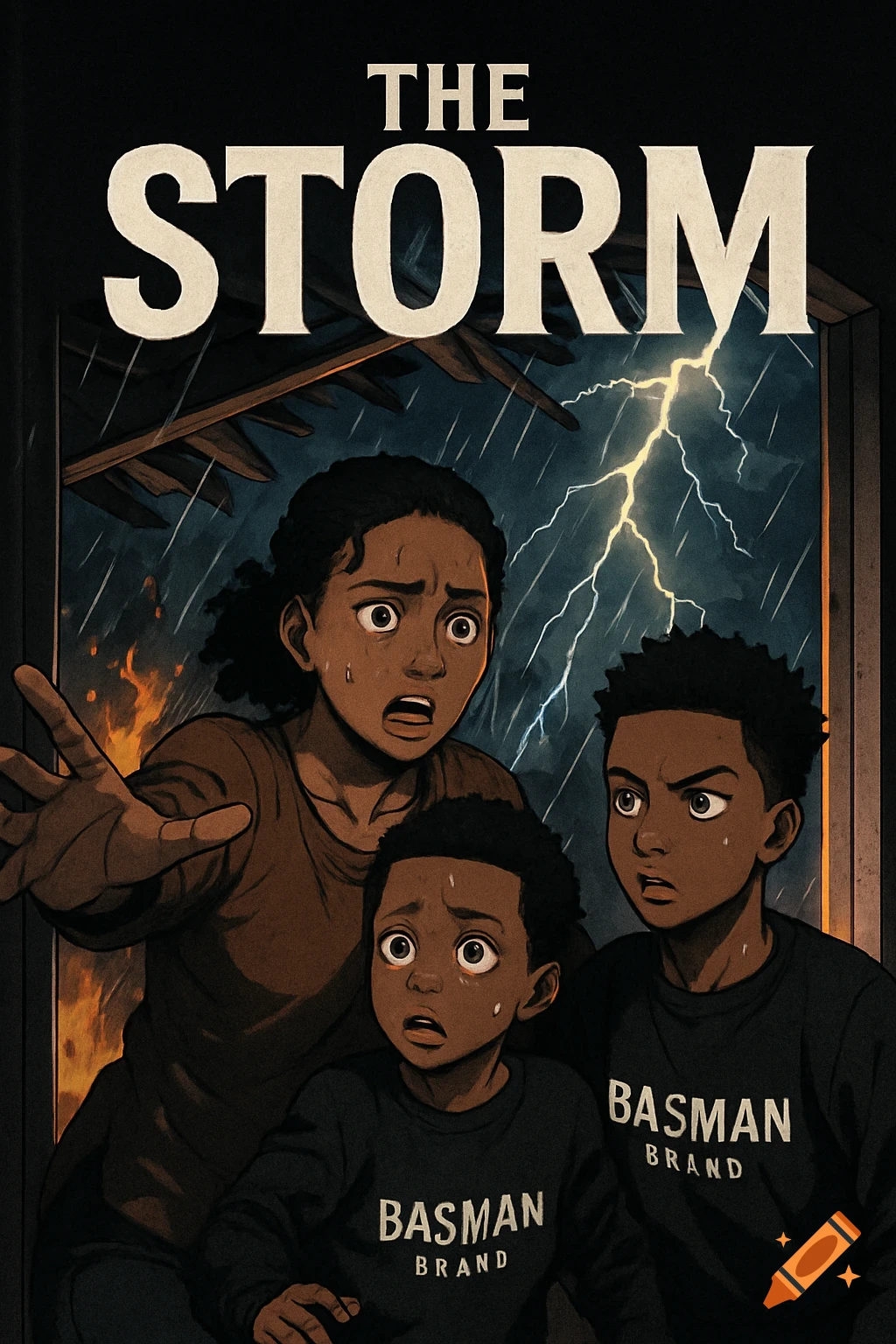 Anime illustration of a family reacting in fear to a storm with lightning and fire.