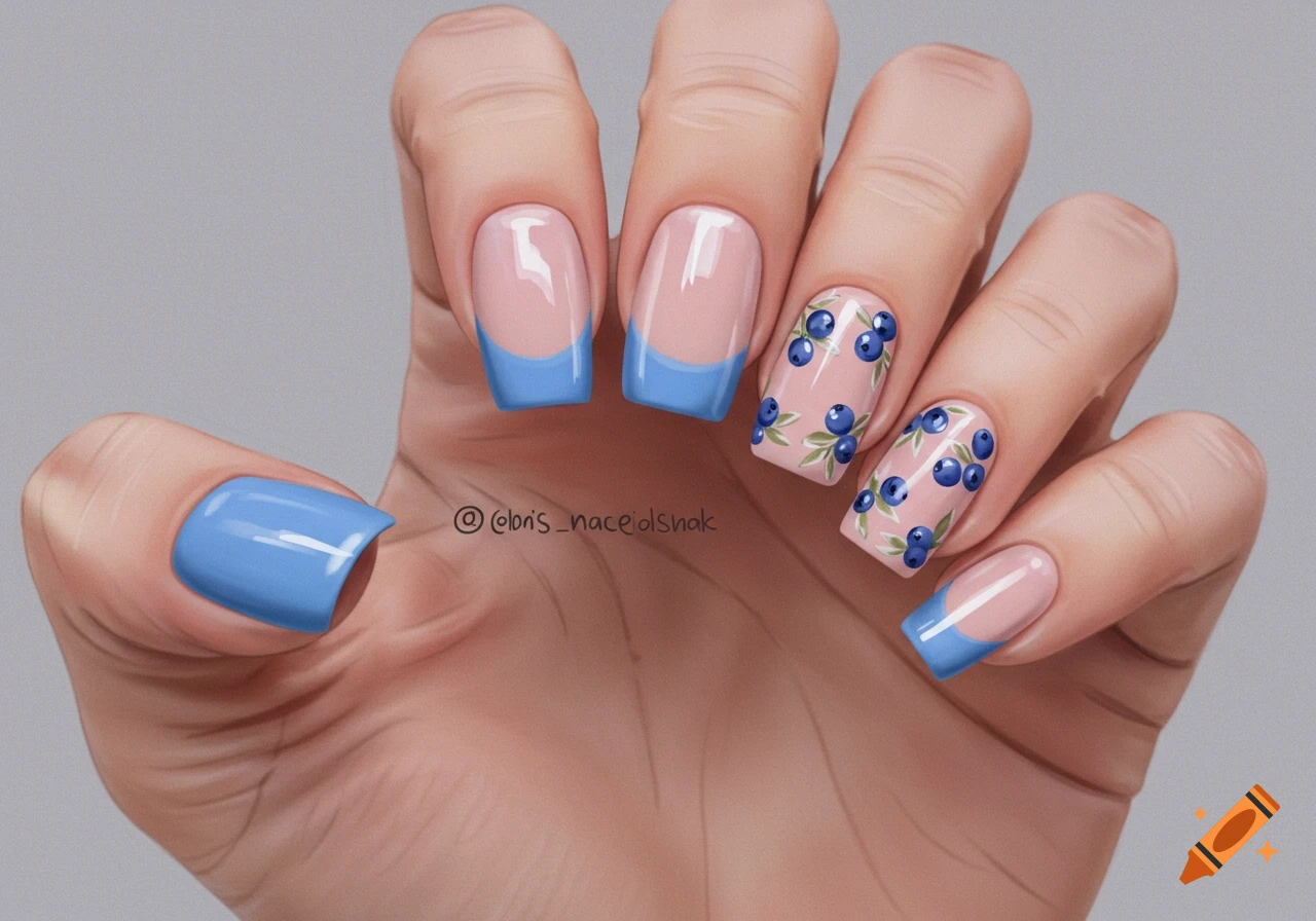 Hand with varied nail art, including blue French tips and blueberry designs on a pink base.
