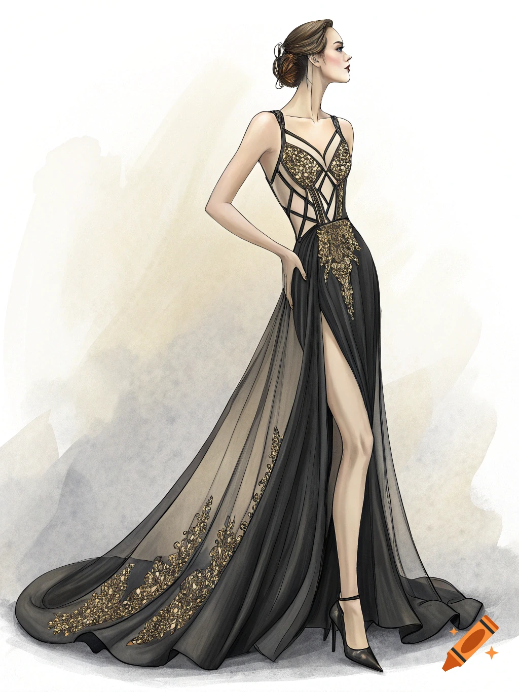 Fashion illustration of a woman in a black evening gown with a high slit and gold beaded details.