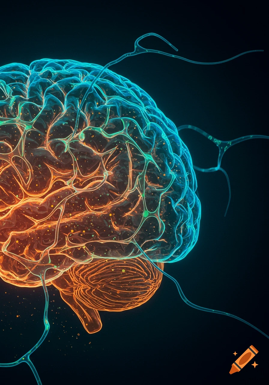Stylized glowing brain and neurons in blue and orange against a dark background.