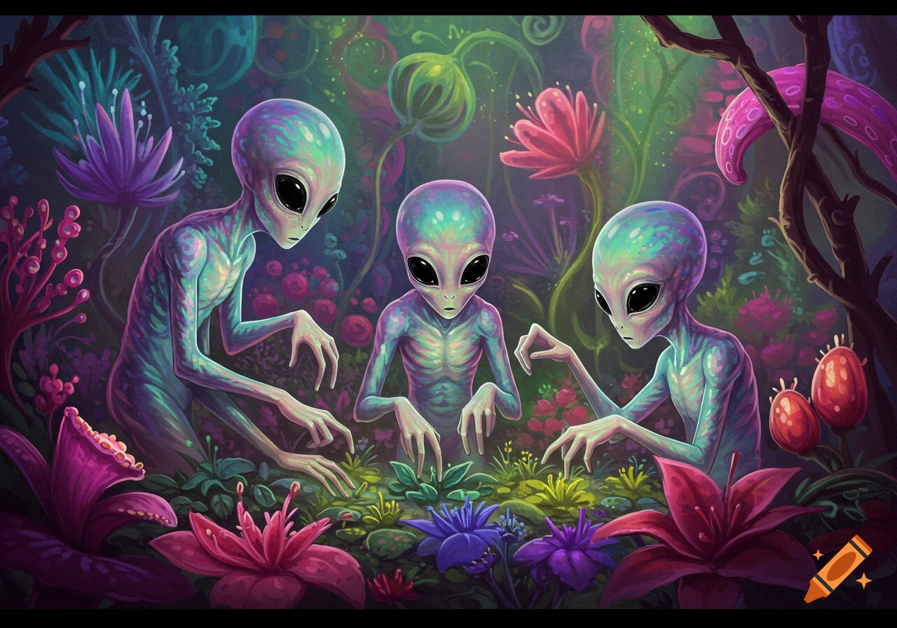Three aliens with large black eyes search for plants in a colorful, vibrant alien garden.
