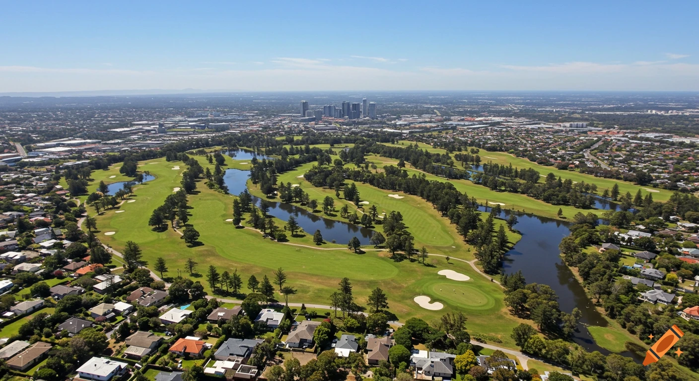 Aerial photo of a sprawling green golf course with lakes, surrounded by houses and a distant city skyline under a blue sky.