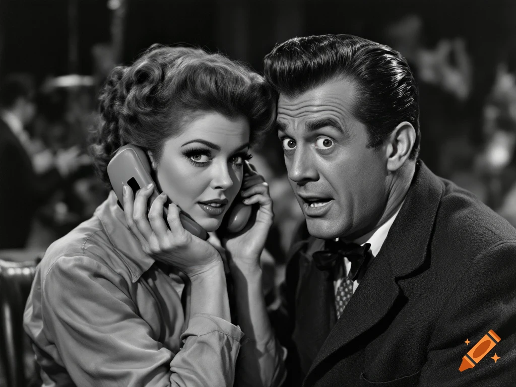 Black and white photo of a man and a woman sharing a telephone receiver, looking surprised